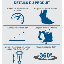 Mini pelle micro-pelle excavatrice SCHEPPACH EXC815 - 8.8kN - 8.5 CV - 6.3kW